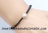 CFB827 4mm faceted round black spinel & potato white freshwater pearl bracelet