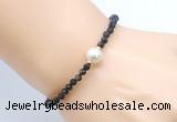 CFB828 4mm faceted round golden obsidian & potato white freshwater pearl bracelet