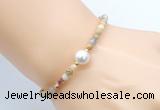 CFB834 4mm faceted round yellow crazy lace agate & potato white freshwater pearl bracelet