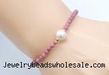 CFB842 4mm faceted round pink wooden jasper & potato white freshwater pearl bracelet