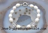 CFB908 Hand-knotted 9mm - 10mm rice white freshwater pearl & white crystal bracelet