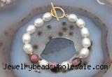 CFB929 Hand-knotted 9mm - 10mm rice white freshwater pearl & rhodonite bracelet