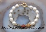 CFB949 Hand-knotted 9mm - 10mm rice white freshwater pearl & picasso jasper bracelet