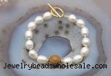 CFB951 Hand-knotted 9mm - 10mm rice white freshwater pearl & wooden jasper bracelet