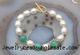 CFB962 Hand-knotted 9mm - 10mm rice white freshwater pearl & peafowl agate bracelet