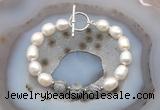 CFB969 Hand-knotted 9mm - 10mm rice white freshwater pearl & grey picture jasper bracelet