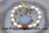 CFB974 Hand-knotted 9mm - 10mm rice white freshwater pearl & red agate bracelet