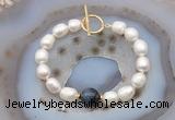 CFB979 Hand-knotted 9mm - 10mm rice white freshwater pearl & blue tiger eye bracelet