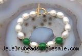 CFB994 Hand-knotted 9mm - 10mm rice white freshwater pearl & candy jade bracelet