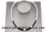 CFN117 potato white freshwater pearl & red tiger eye necklace, 16 - 24 inches