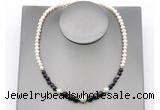 CFN127 potato white freshwater pearl & black banded agate necklace, 16 - 24 inches