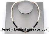 CFN128 potato white freshwater pearl & black agate necklace, 16 - 24 inches