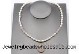 CFN150 baroque white freshwater pearl & rose quartz necklace with pendant