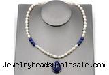 CFN154 baroque white freshwater pearl & lapis lazuli necklace with pendant