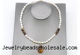 CFN158 baroque white freshwater pearl & yellow tiger eye necklace with pendant