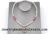 CFN163 baroque white freshwater pearl & pink wooden jasper necklace with pendant