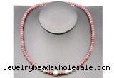 CFN211 4*6mm faceted rondelle pink wooden jasper & potato white freshwater pearl necklace