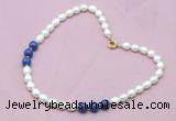 CFN305 Rice white freshwater pearl & lapis lazuli necklace, 16 - 24 inches