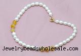 CFN307 Rice white freshwater pearl & yellow banded agate necklace, 16 - 24 inches