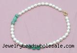 CFN312 9 - 10mm rice white freshwater pearl & peafowl agate necklace wholesale