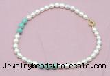 CFN314 9 - 10mm rice white freshwater pearl & amazonite necklace wholesale