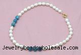 CFN315 9 - 10mm rice white freshwater pearl & apatite necklace wholesale