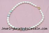 CFN318 9 - 10mm rice white freshwater pearl & morganite necklace wholesale