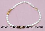 CFN319 9 - 10mm rice white freshwater pearl & golden tiger eye necklace wholesale