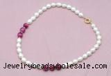 CFN320 9 - 10mm rice white freshwater pearl & red tiger eye necklace wholesale