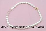 CFN322 9 - 10mm rice white freshwater pearl & rose quartz necklace wholesale