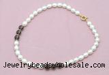 CFN323 9 - 10mm rice white freshwater pearl & smoky quartz necklace wholesale