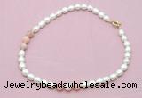 CFN324 9 - 10mm rice white freshwater pearl & pink opal necklace wholesale