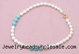 CFN326 9 - 10mm rice white freshwater pearl & blue howlite necklace wholesale