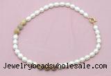 CFN327 9 - 10mm rice white freshwater pearl & yellow crazy lace agate necklace wholesale