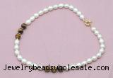 CFN328 9 - 10mm rice white freshwater pearl & yellow tiger eye necklace wholesale
