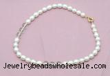 CFN331 9 - 10mm rice white freshwater pearl & white crystal necklace wholesale