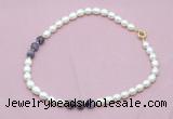 CFN333 9 - 10mm rice white freshwater pearl & dogtooth amethyst necklace wholesale