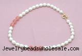 CFN334 9 - 10mm rice white freshwater pearl & cherry quartz necklace wholesale