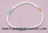 CFN335 9 - 10mm rice white freshwater pearl & aquamarine necklace wholesale
