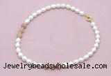 CFN336 9 - 10mm rice white freshwater pearl & moonstone necklace wholesale