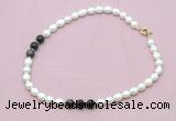 CFN338 9 - 10mm rice white freshwater pearl & golden obsidian necklace wholesale