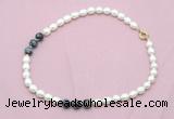 CFN339 9 - 10mm rice white freshwater pearl & snowflake obsidian necklace wholesale
