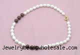 CFN340 9 - 10mm rice white freshwater pearl & mahogany obsidian necklace wholesale