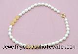 CFN342 9 - 10mm rice white freshwater pearl & honey jade necklace wholesale