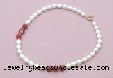 CFN344 9 - 10mm rice white freshwater pearl & red banded agate necklace wholesale