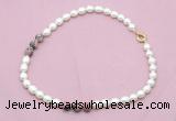 CFN345 9 - 10mm rice white freshwater pearl & rhodonite necklace wholesale