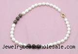 CFN346 9 - 10mm rice white freshwater pearl & bronzite necklace wholesale