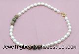 CFN347 9 - 10mm rice white freshwater pearl & unakite necklace wholesale