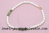 CFN348 9 - 10mm rice white freshwater pearl & China jade necklace wholesale