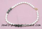 CFN349 9 - 10mm rice white freshwater pearl & African turquoise necklace wholesale